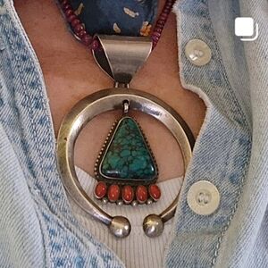 Silver, Turquoise And Coral Squash Blossom Pendant Necklace